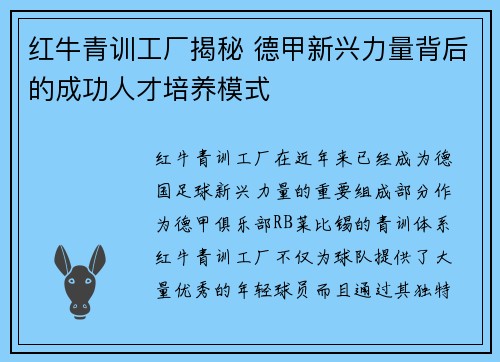 红牛青训工厂揭秘 德甲新兴力量背后的成功人才培养模式