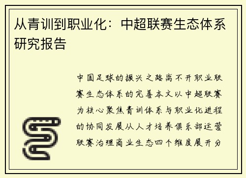 从青训到职业化：中超联赛生态体系研究报告